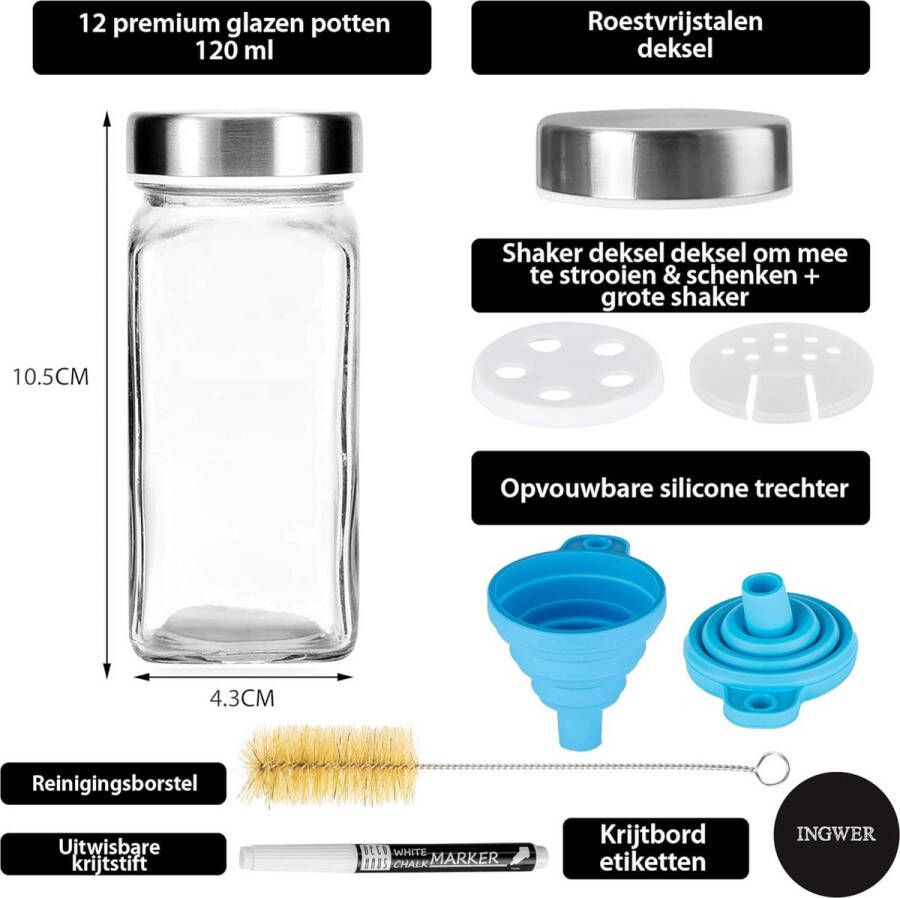 Set van 12 Kruidenpotjes met Schroefdeksel Kruidenkit met Labels Trechter Schoonmaakborstel Stift Passen in Onze 4 Kruidenrekken Lege Helder Glas Opberger & Strooier 120ml 10 5x4 3cm