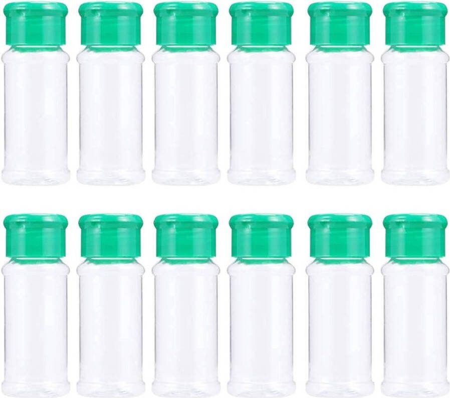 Set van 12 Lege Groene Plastic Kruidenpotjes met Deksel Kruidenstrooier en Fleshouder voor Specerijen Zout Peper Poeder en Kruidem