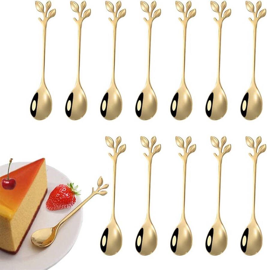 Set van 12 roestvrijstalen bladkoffielepels bladvormige handvatlepel roestvrijstalen theelepel mini-koffielepel takontwerp dessertlepel gebruikt voor water thee melk koffie dessert drankjes