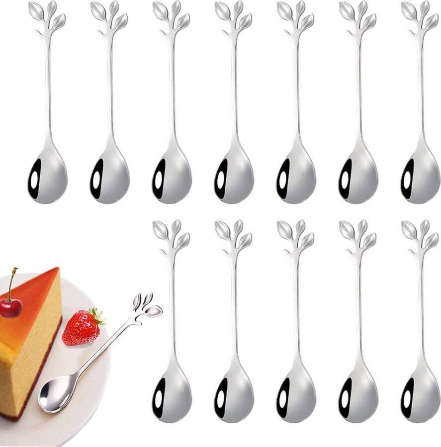 Set van 12 RVS Blad Koffielepels met Uniek Bladvormig Handvat voor Dranken en Desserts