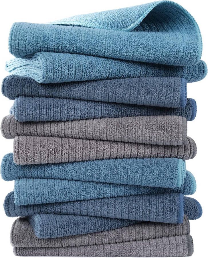 Set van 12 theedoeken en handdoek van microvezel geribbeld premium kwaliteit (blauw grijs blauwgroen 40 x 71 cm)