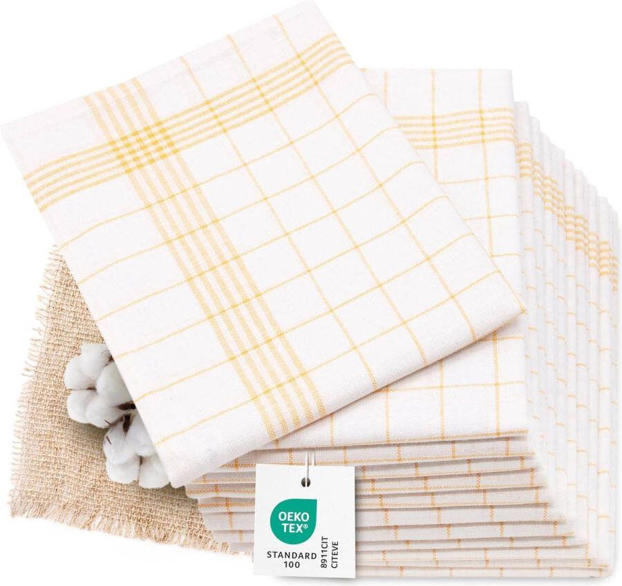 Set van 12 theedoeken halflinnen in 60 x 80 cm super absorberende en pluisvrije keukendoeken wasbaar tot 95 °C in geel wit geruit gastronomiekwaliteit Oeko-Tex gecertificeerd
