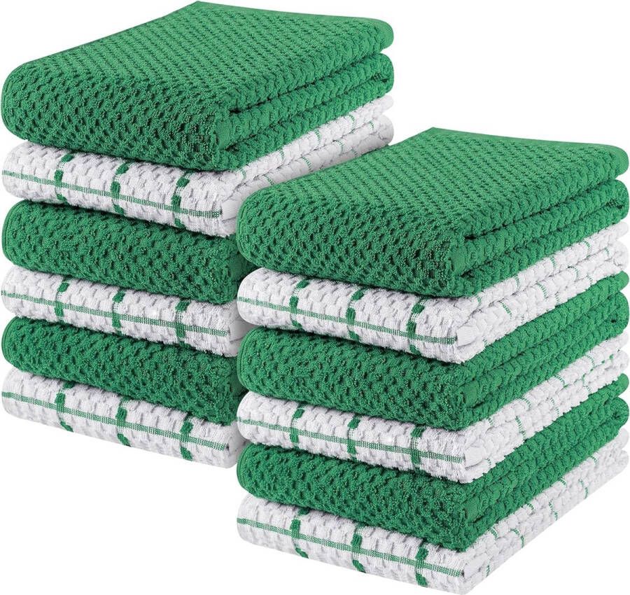 Set van 12 theedoeken keukendoeken 38 x 64 cm katoenen theedoek machinewasbaar (groen en wit)