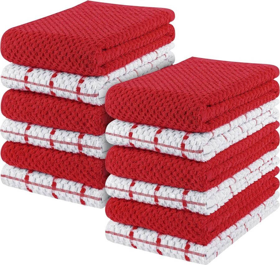 Set van 12 theedoeken keukendoeken 38 x 64 cm katoenen theedoek machinewasbaar (rood en wit)