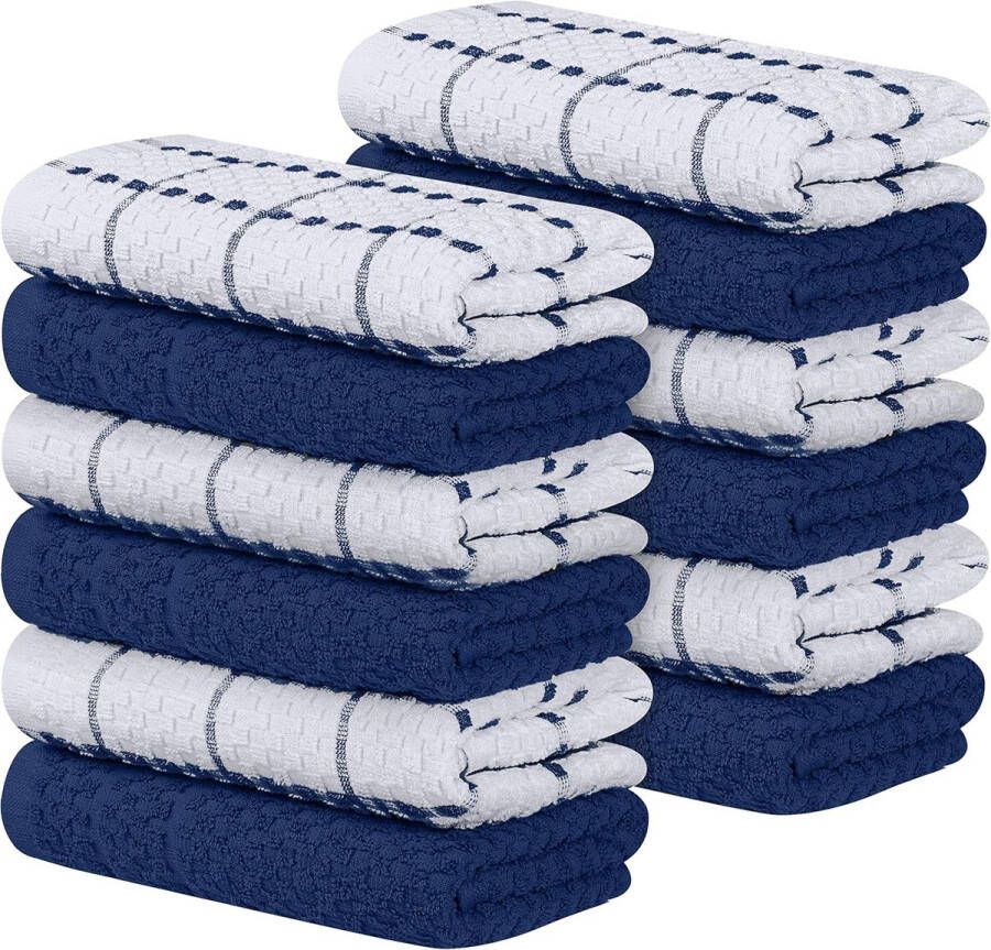 Set van 12 theedoeken keukendoeken 38 x 64 cm katoenen theedoeken machinewasbaar marineblauw en wit