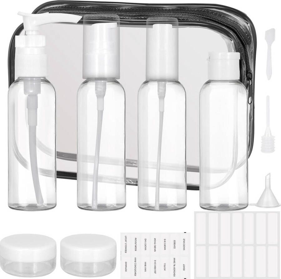 Set van 12 vloeistoffen voor handbagage 60 ml Reisflessen om te vullen Lekvrije reiscontainer met transparante zakspatel Pipettrechter Etiketten voor shampoo spoeling lichaamsverzorging reisflesjes handbagage