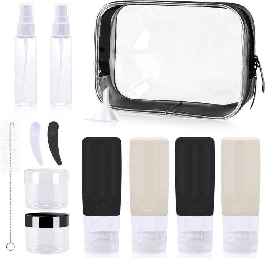 Set van 13 siliconen reisflessen zwart en wit TSA goedgekeurde lekvrije reisflessenset voor shampoo lotion spoeling douchegel lichaamsverzorging reisflesjes handbagage