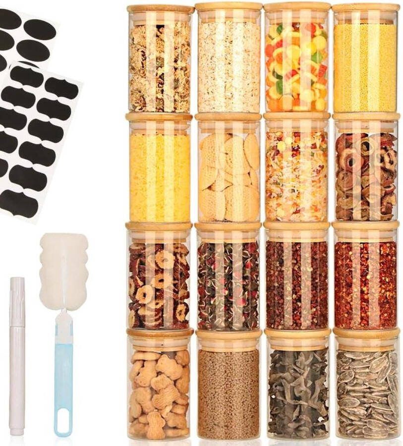 Set van 16 glazen voorraadpotten luchtdicht 300 ml thee & specerijen opslag Kruidenpotjes vierkant