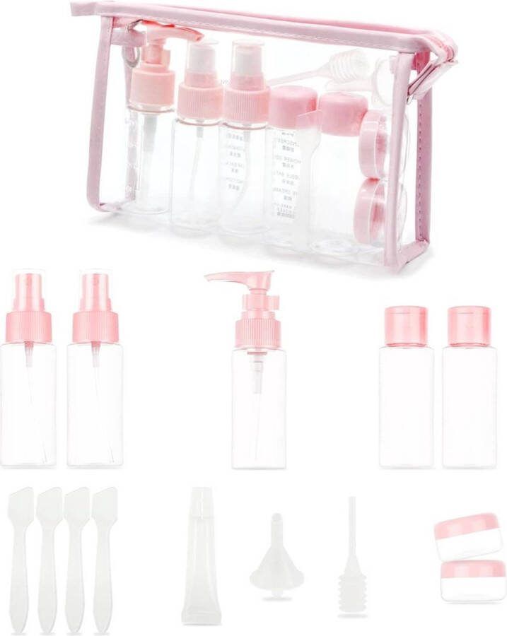 Set van 16 roze reisflessen lekvrije plastic fijne nevel vloeibare containers voor shampoo lichaamswas cosmetische crème reisflessen vloeibare containers reisflesjes 100ml