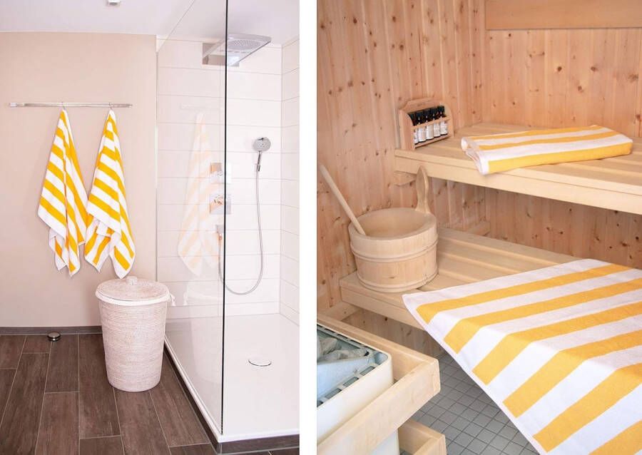 Set van 2 badhanddoeken 70x180 cm gele witte strepen