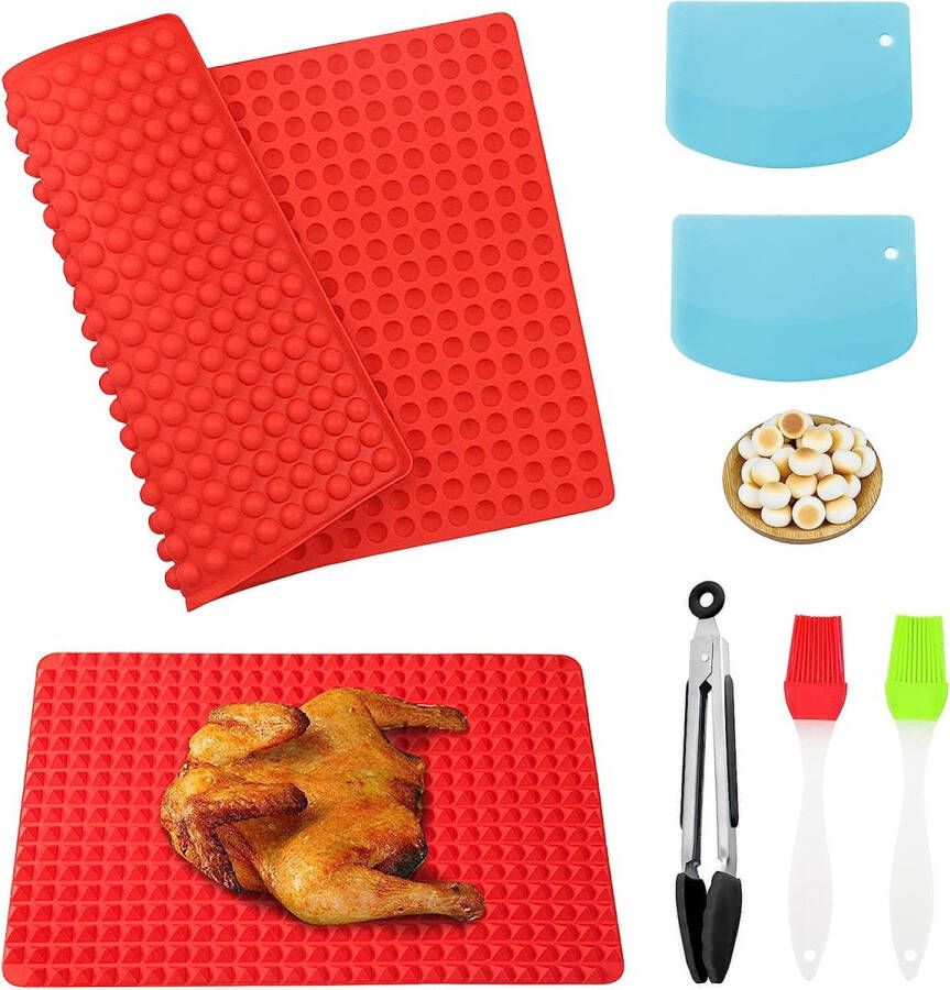 Set van 2 bakmat hondenkoekjes siliconen bakmat (1 cm) voor doe-het-zelf hondenkoekjes en lekkernijen met 1 voedselclip 2 deegschrapers en 2 bakborstels (2 vormen rood)