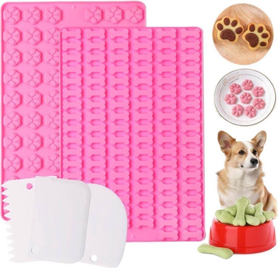 Set van 2 bakmatten hondenkoekjes hondenbakmatten siliconenset mini-chocoladevorm siliconen mallen snoepvormen traktatiemat hondenbakvorm voor hondenkoekjes kattensnacks klein met 3 deegschrapers