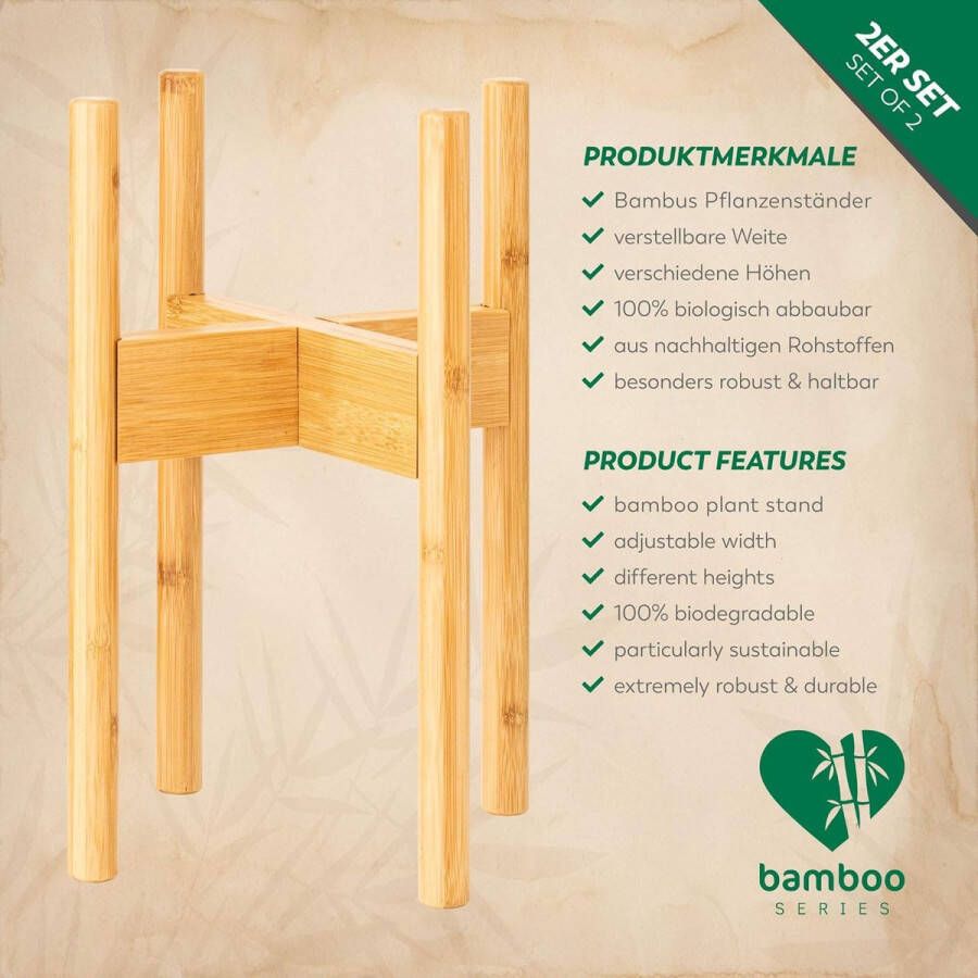 Set van 2 Bamboe Plantenstandaarden Verstelbare Bloempothouders van Bamboehout voor Binnen en Buiten Beige