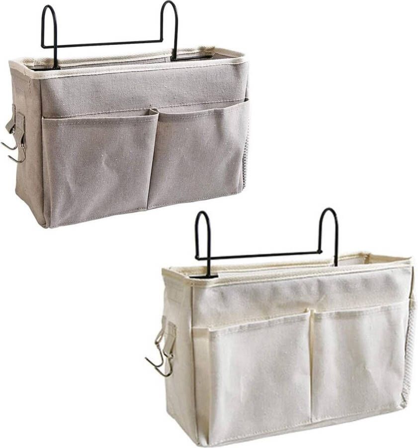 Set van 2 bedzakken nachtkastje hangende opbergtas met ophanghaak voor kamer bedrail boek tijdschrift koptelefoon etc. (grijs wit)