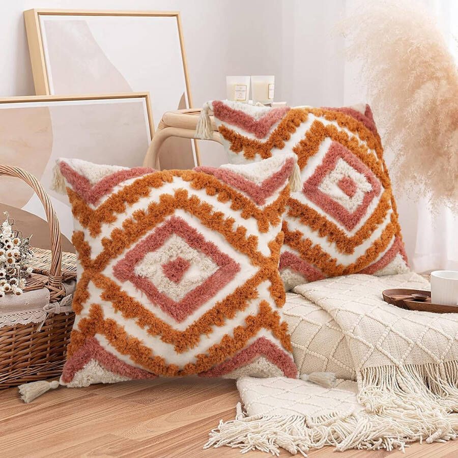 Set van 2 boho-herfstkussenslopen 45 x 45 cm sierkussenhoes met verborgen ritssluiting sierkussen bankkussen kussenhoes met kwastjes zacht voor woonkamer