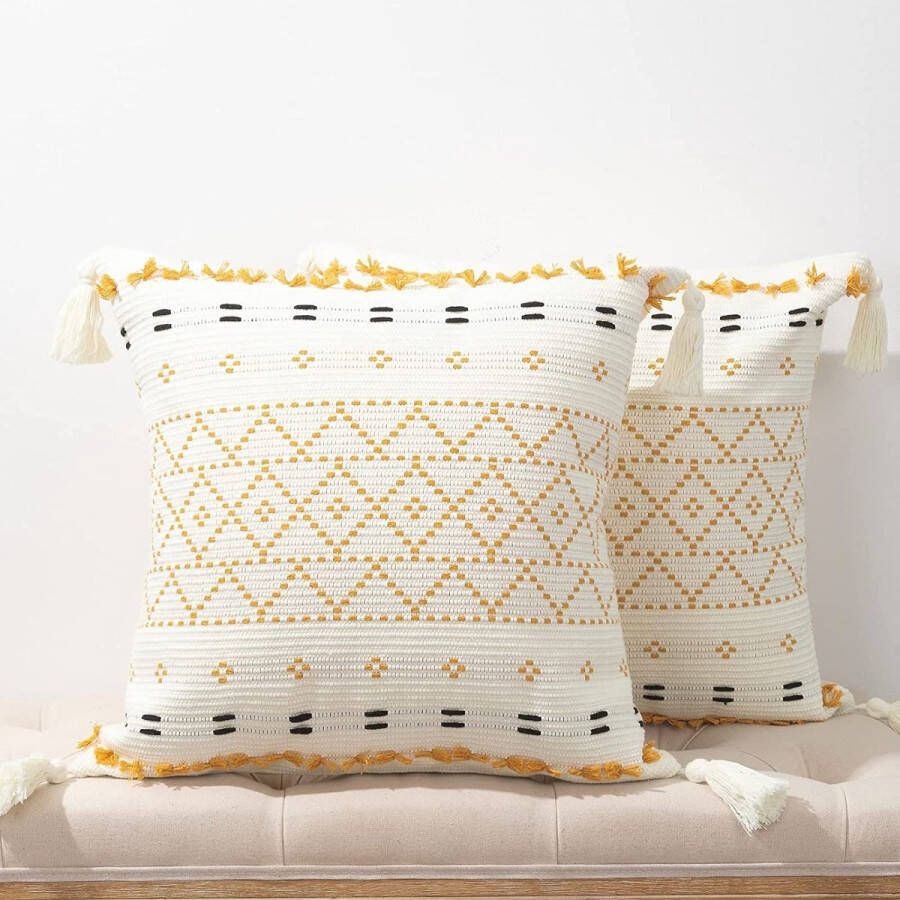 Set van 2 boho kussensloopen kussens in boho stijl 45 x 45 cm geel kussenovertrek sierkussen sofakussen met kwastjes modern decoratieve kussensloop voor bank slaapkamer en woonkamer