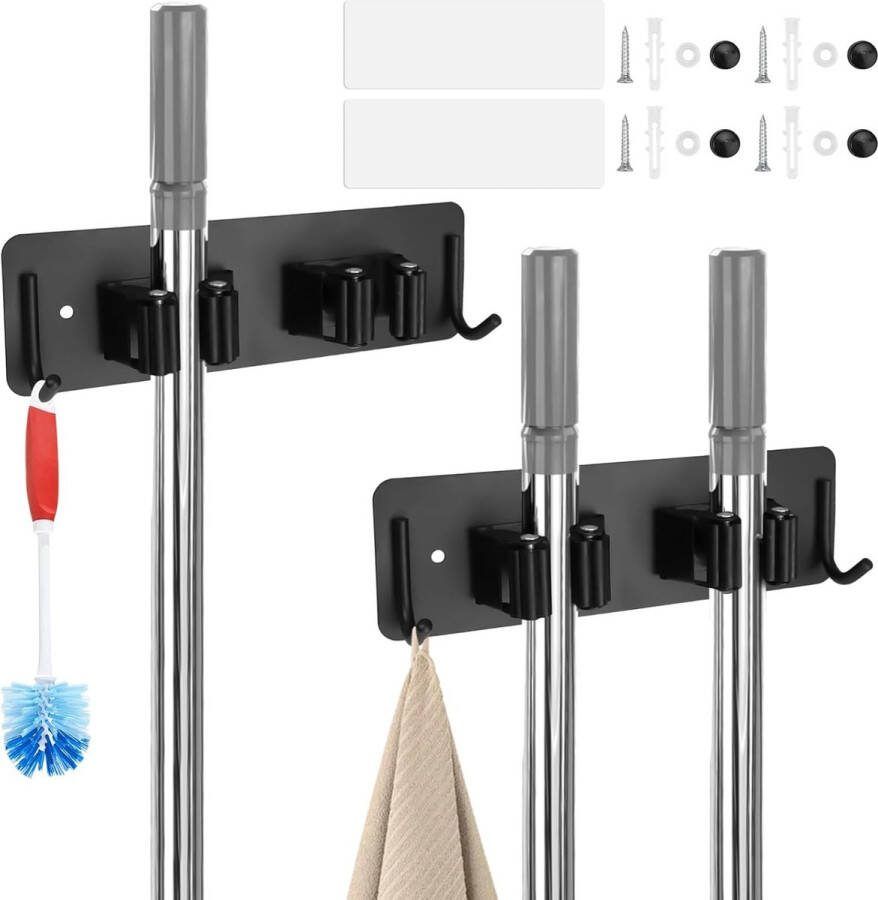 Set van 2 Broom Holders zonder Boren Zelfklevende Gereedschapshouder van Roestvrij Staal