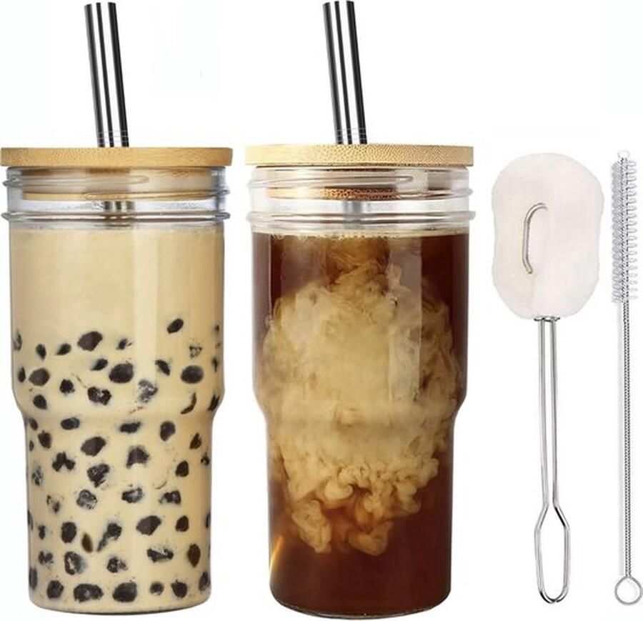 Set van 2 Bubble Tea Glazen Herbruikbare Smoothiebekers 650 ml Glas Boba Beker Reisglas Brede Hals Weckglas Longdrinkglazen Drinkglazen