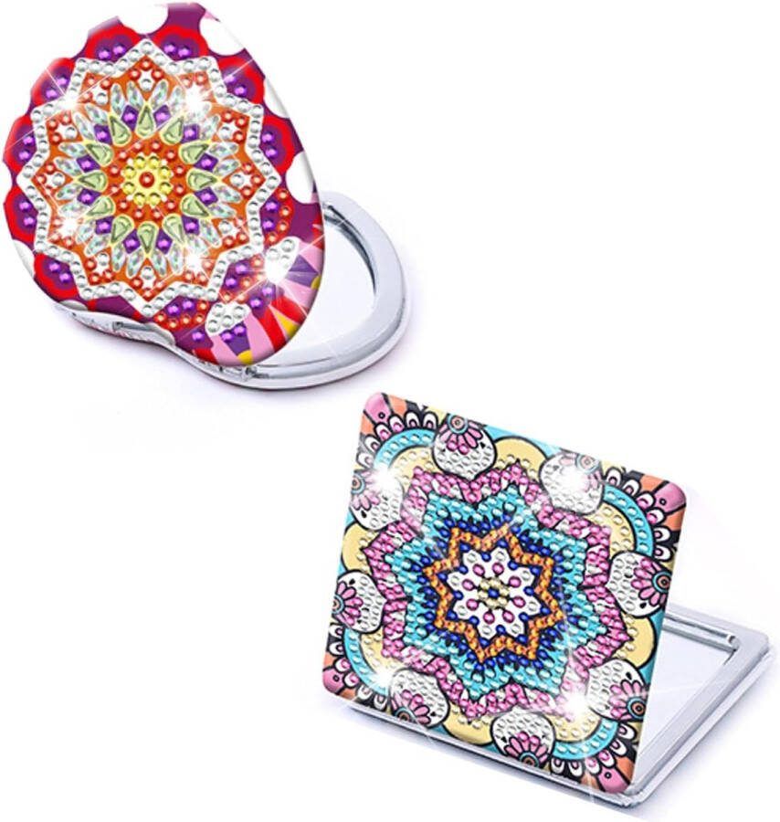 Set van 2 compacte spiegels dubbelzijdige compacte spiegel opvouwbare diamantschilderij compacte spiegel draagbare opvouwbare spiegel onderzetter diamantschilderij opvouwbare spiegel voor meisjes en vrouwen