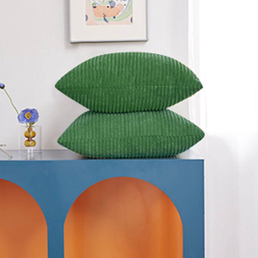 Set van 2 corduroy kussenhoezen met streepjespatroon- met Verbogen Rits 50x50 cm Groen Fluwelen