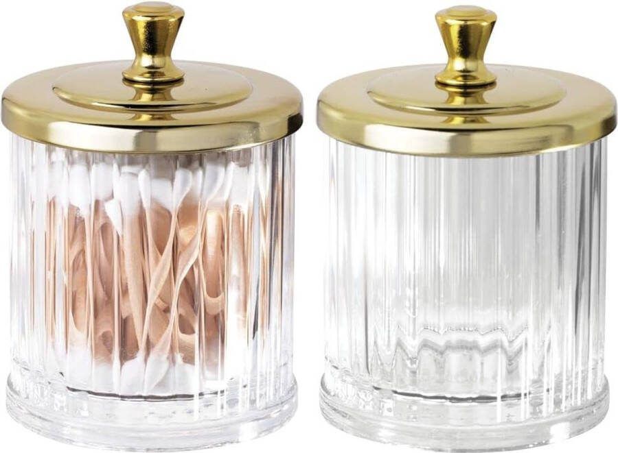 Set van 2 cosmetica-opberg glazen van kunststof badplank met deksel voor badzout wattenschijfjes enz. Veelzijdige cosmetica-organizer voor de wastafel transparant en messingkleuren