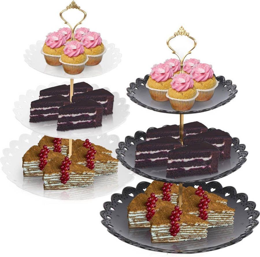 Set van 2 cupcakestandaards 3 lagen ronde plaat herbruikbare kunststof gelaagde taartstandaard dessertstandaard voor buffet verjaardag theekransje Kerstmis