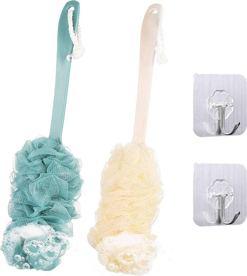 Set van 2 doucheborstels met lange handgrepen badspons rugborstel netbadborstel voor de rug badschrobber exfoliërende massagesponsborstels voor mannen en vrouwen