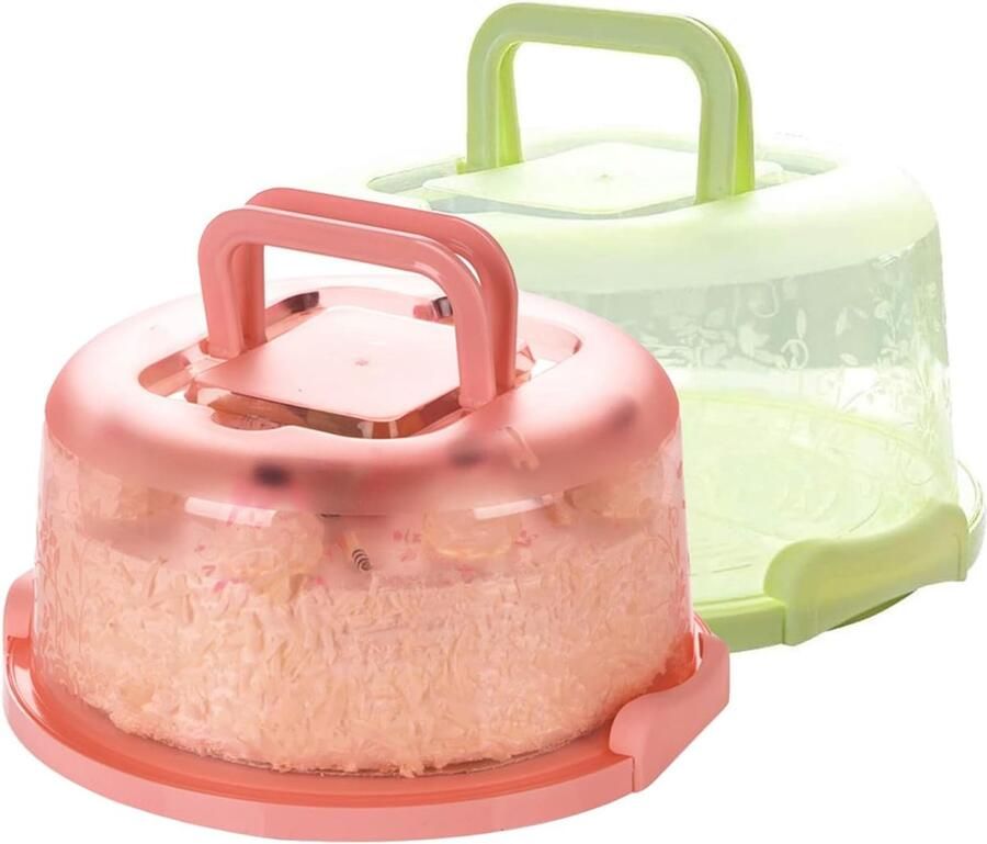 Set van 2 draagbare taartdozen ronde draagbare taartdoos transportdoos taart met deksel draaggreep keukenaccessoires voor taarten koekjes cakes desserts fruit pizza brood (roze groen)