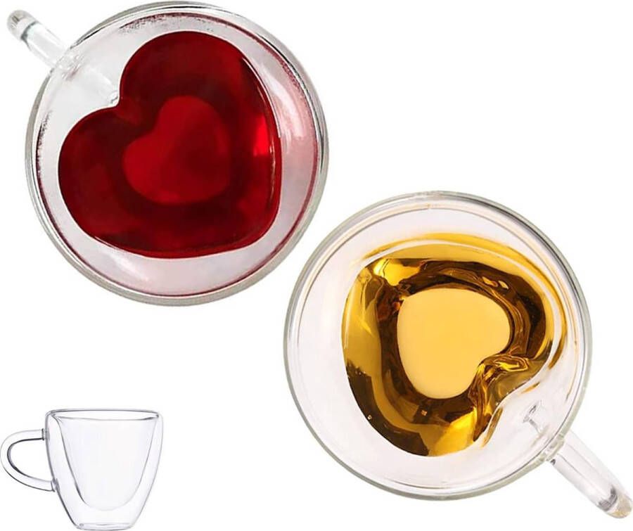 Set van 2 dubbelwandige geïsoleerde koffieglazen schalen transparante glazen bekers koude of warme dranken sapglas waterkom creatieve drank melkwaad koffie ijsthees cocktails mok (Heart Shaped)