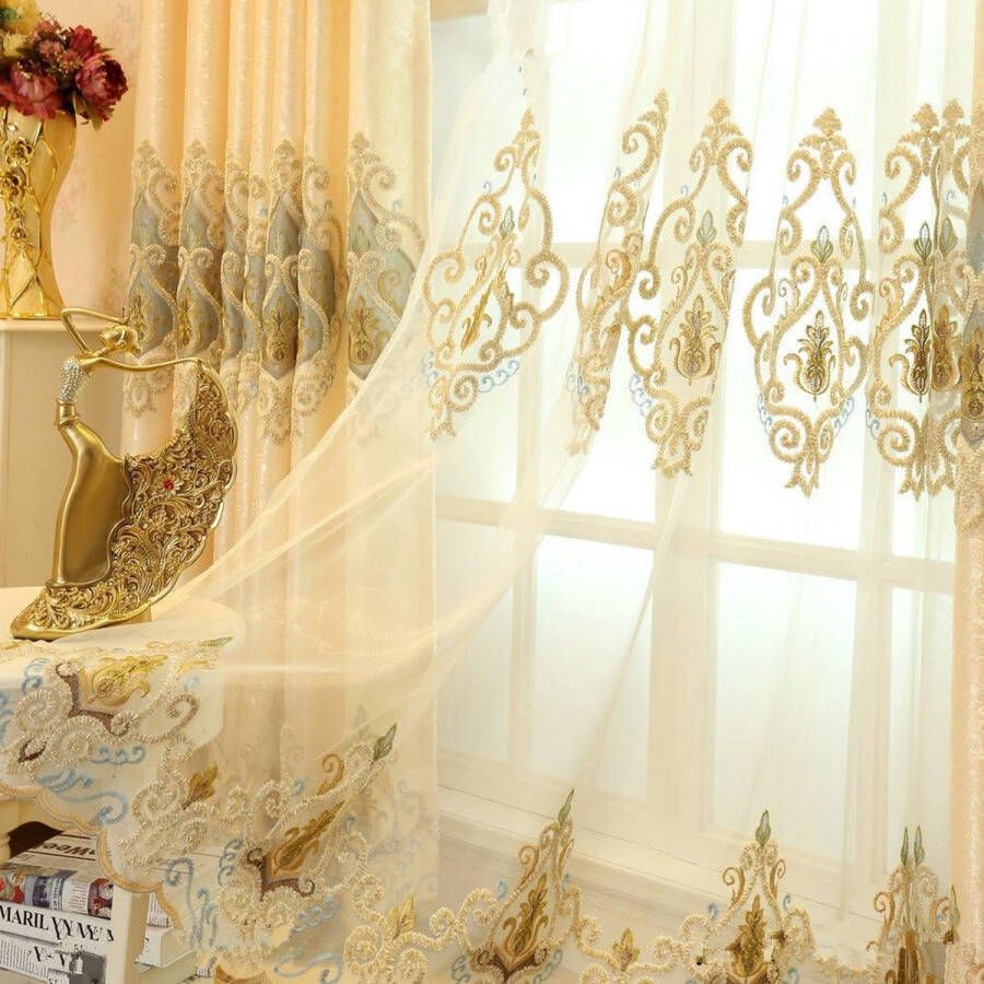 Set van 2 Europese gouden luxe jacquardgordijnen voor slaapkamer woonkamer (tule gordijn 245 x 140 cm)