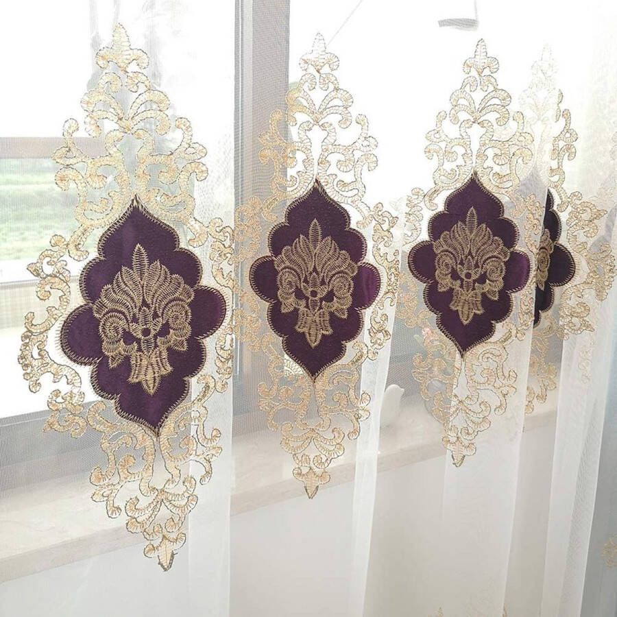 Set van 2 Europese luxe fluwelen geborduurde tule gordijnen voor de woonkamer keuken slaapkamer gordijn met staafzak paars 127 x 244 cm (BxH)