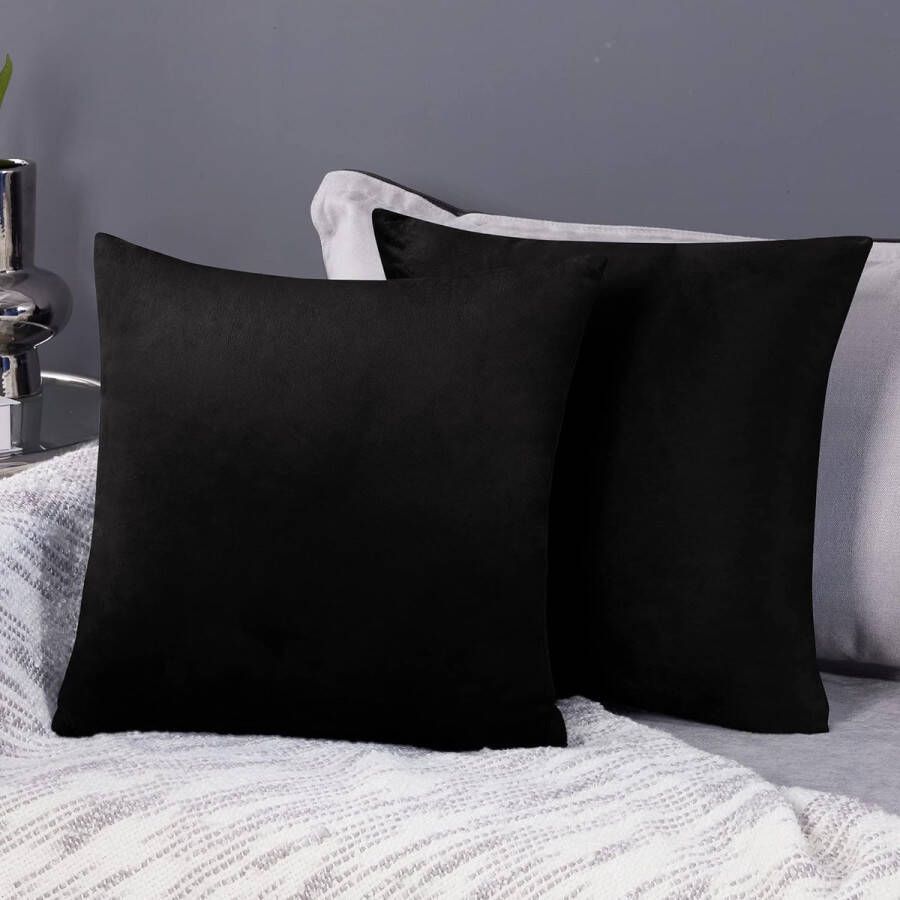 Set van 2 fluwelen kussenhoezen bankkussenhoezen zacht ontwerp decoratief slaapkamer woonkamer bank kantoor 40 x 40 cm zwart