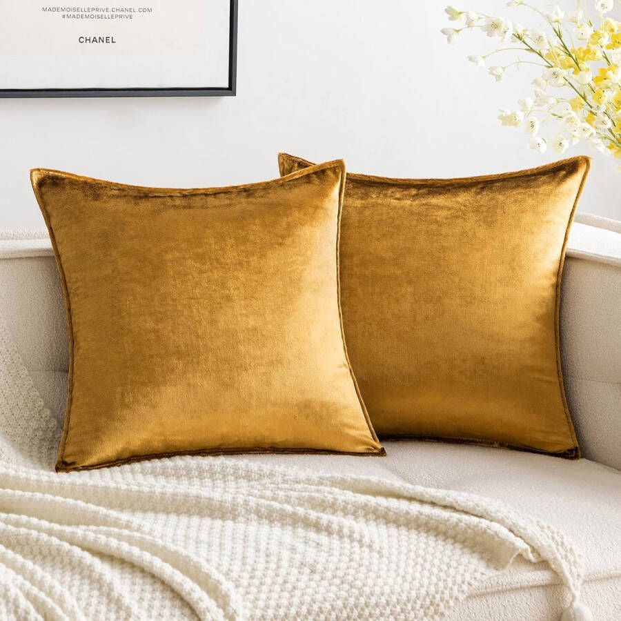 Set van 2 fluwelen kussenhoezen flens kussenslopen met omwikkelde rand decoratieve bankkussens voor de woonkamer slaapkamer 50 x 50 cm champagne goud