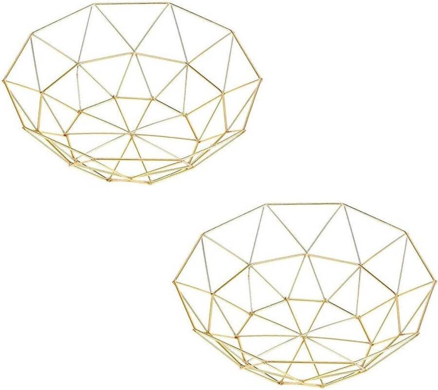 Set van 2 fruitmanden fruitmand van metaaldraad zwarte fruitmand opengewerkte metalen fruitschaal metalen fruitmand voor fruit groenten brood keukens en woonkamers (goud)