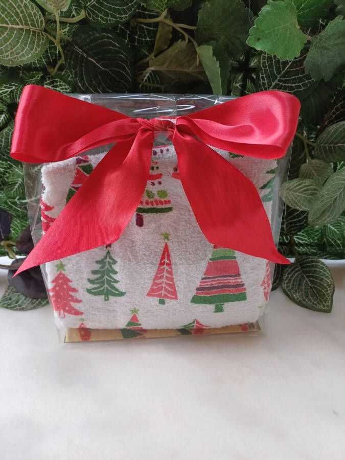 Set van 2 gastendoekjes in mooie geschenkverpakking: handdoeken keukendoeken 64x38cm Kerstbomen groen en rood