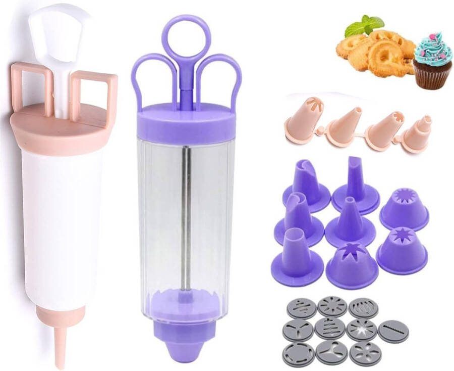 Set van 2 gebakspers gebaksspuit cake-suikerglazuur crèmespuit biscuits koekjespers set voor het maken van koekjes en cake decoratiegereedschap (in totaal 25 stuks)