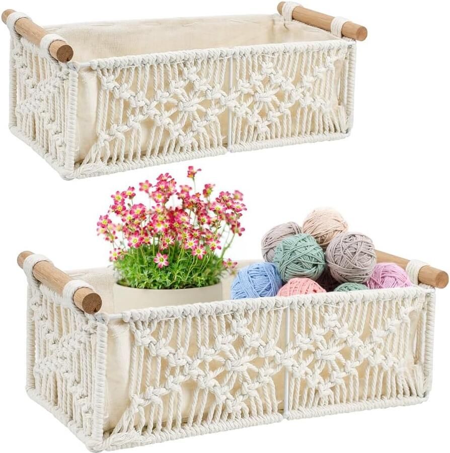 Set van 2 geweven opbergmanden Rechthoekige geweven mand Handgemaakte macramé opbergmanden met handvat Boho opbergmand voor badkamer woonkamer slaapkamer (wit)