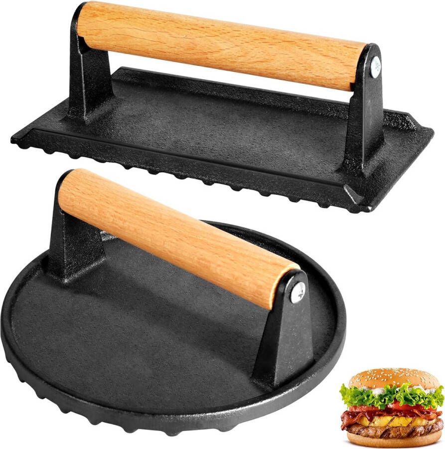Set van 2 hamburgerpers gietijzer hamburgerpers met antiaanbaklaag rond en rechthoekig grote hamburgerpers van 1 kg voor het persen van steaks hamburgers spek worstjes