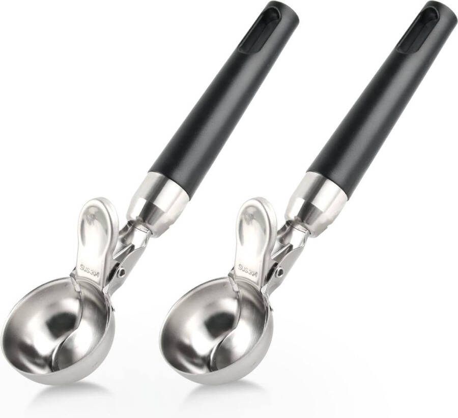 Set van 2 ijslepels roestvrij staal met uitwerper ijslepel portioneerder gourmet ijslepelportioneerder hoogwaardige ijslepel voor het vormen van ijsballen van ijs (zwart)