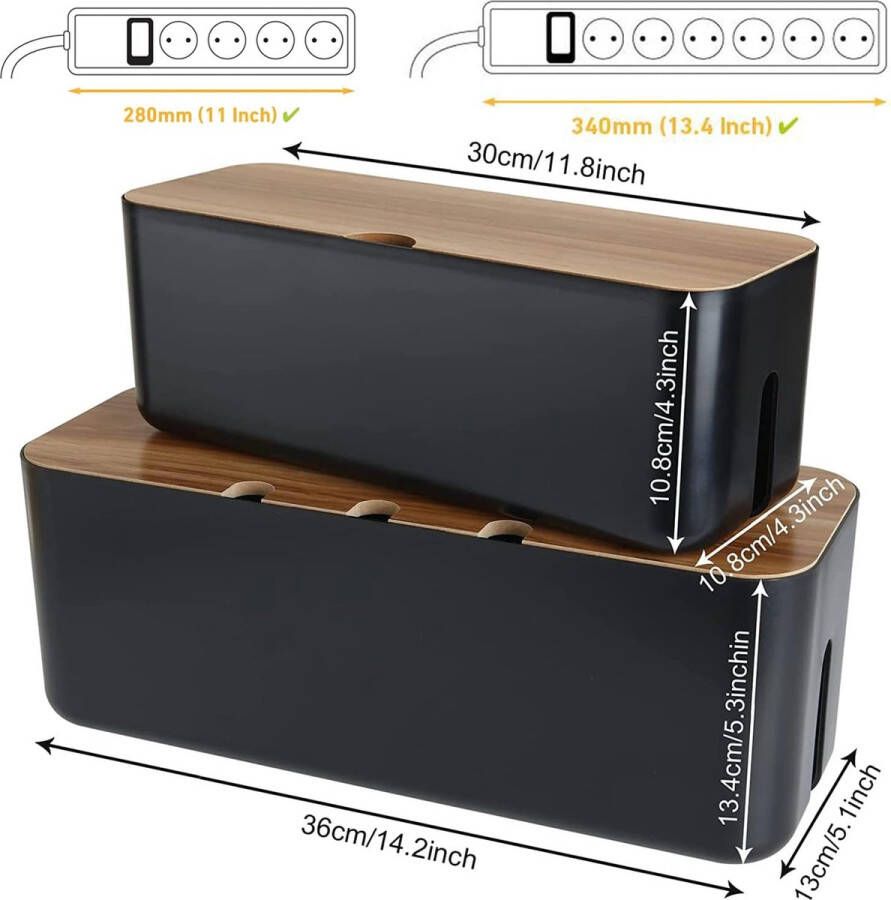 Set van 2 kabelboxen zwart grote opbergdoos voor kabels met houten deksel voor kabels adapter voor grote en kleine kabelbox plugstrips opbergbox voor kabels met 20 dubbelzijdige stickers