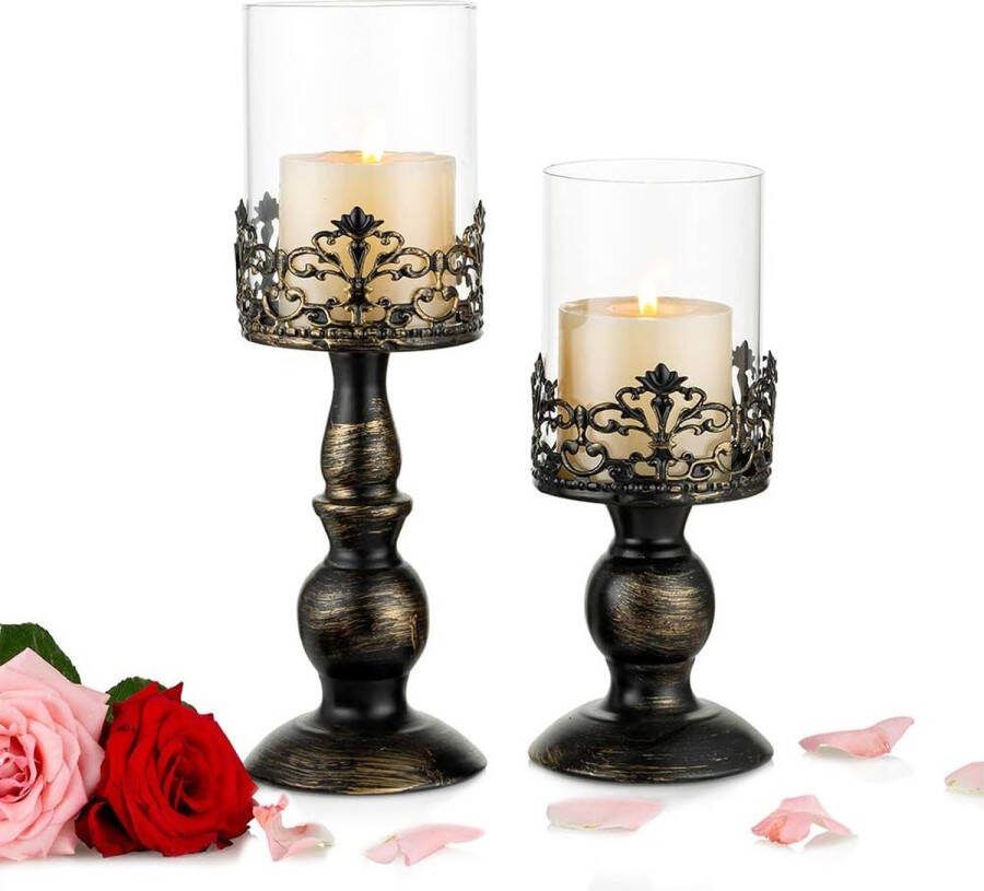 Set van 2 kandelaars voor stompkaarsen met glazen afdekking antieke metalen orkaankaarsenhouder perfect voor de decoratie van de open haard-eettafel in het middelpunt Halloween kerstdecoratie