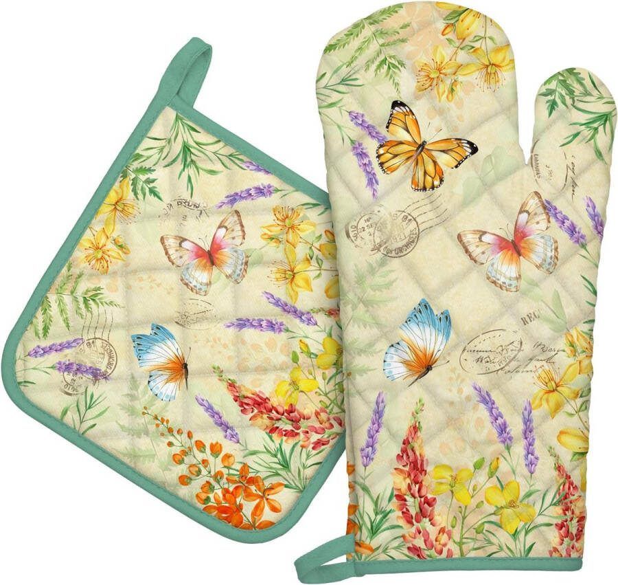 Set van 2 Katoenen Ovenwanten en Pannenlap met Retro Bloemen en Planten Ontwerp