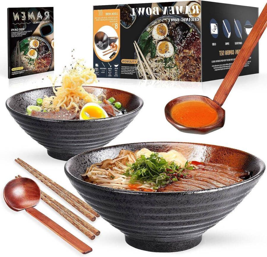 Set van 2 keramische ramenkommen Japanse salade-noedels granen fruit pasta soep grote kommen 2 x 1000 ml met recepten eetstokjes en lepels voor feesten en camping (donkergeel) Kommenset