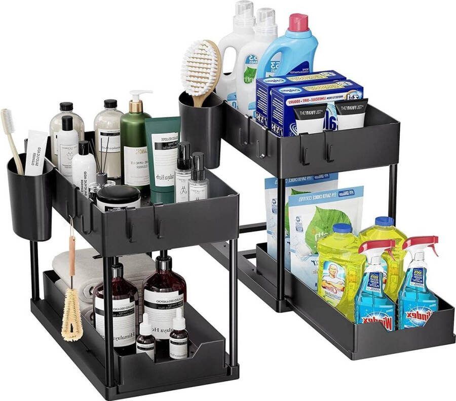 Set van 2 keukenorganizer schuiflade uittrekbare organizer met haken beker voor keuken badkamer Organizer for Sink