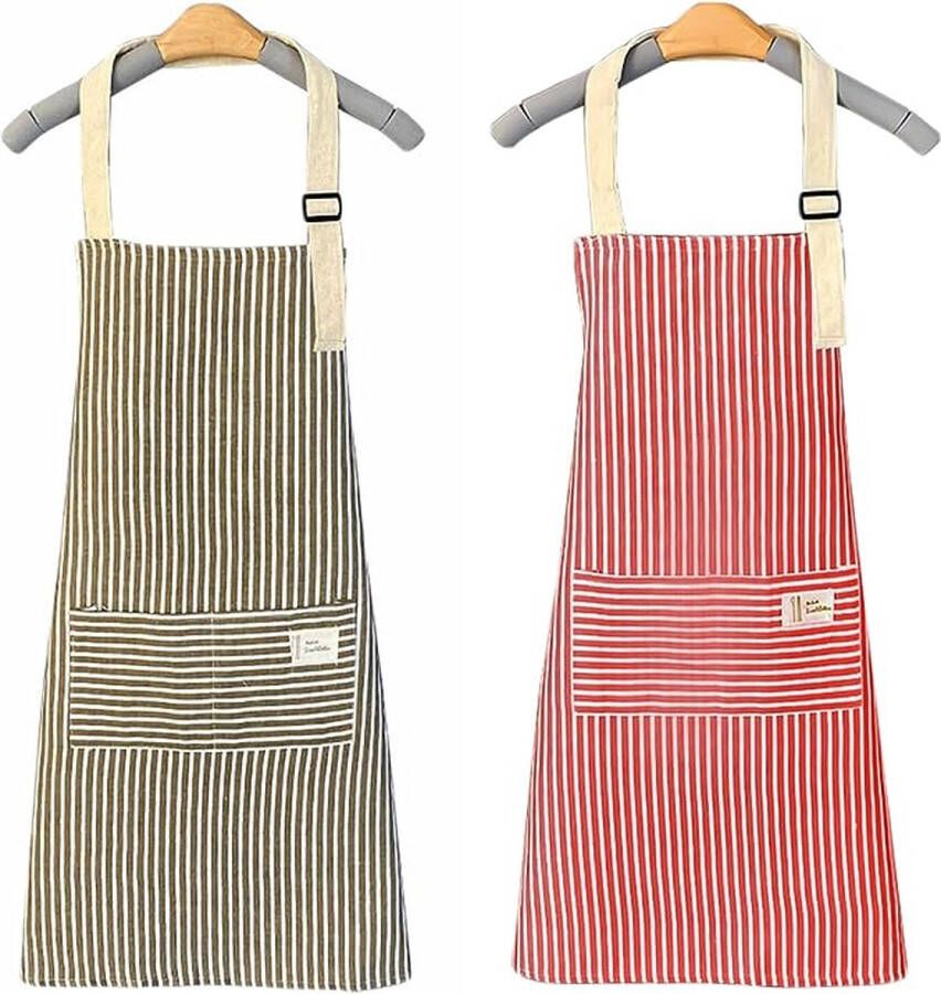 Set van 2 keukenschorten voor dames kookschort met zak katoenen linnen voor koken bakken schilderen huishoudelijk werk roze en groen