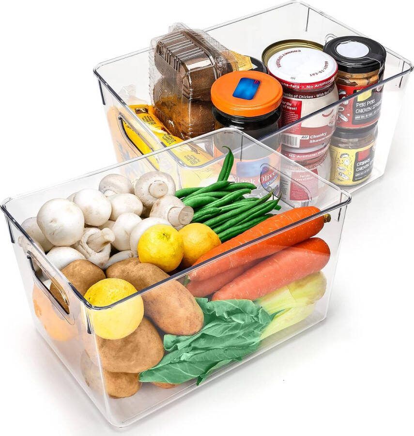 Set van 2 koelkastorganizers voor keukens en kasten totale lengte 26 cm doorzichtige plastic keukenorganizer koelkastdozen voor badkamer bijkeuken vriezer keukenkastorganizer