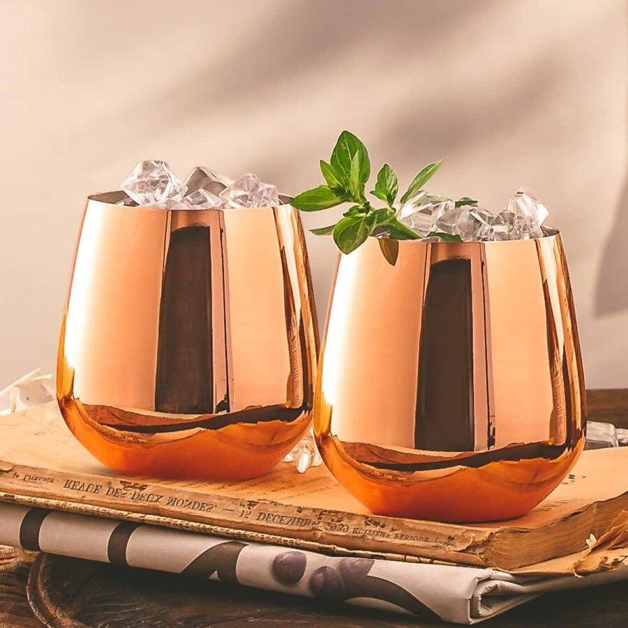 Set van 2 koperen wijnglazen zonder steel morsbestendige koperen bekers voor rode en witte wijn Moscow Mule Cocktail Tumblers