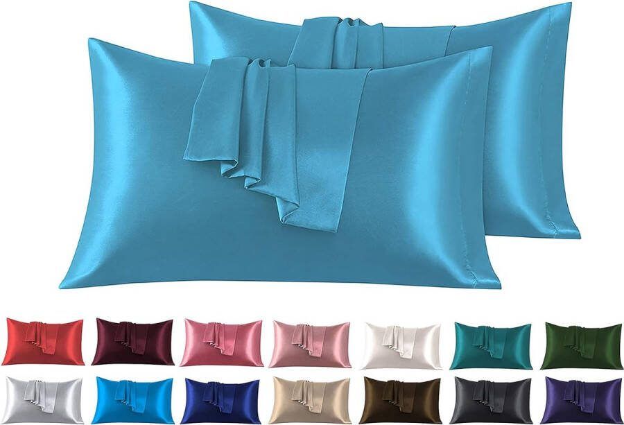 Set van 2 kussenslopen van satijn 45 x 70 cm azuurblauw voor bed zacht bij aanraking met zaksluiting antimijt en hypoallergeen bescherming voor haar huid en antirimpels