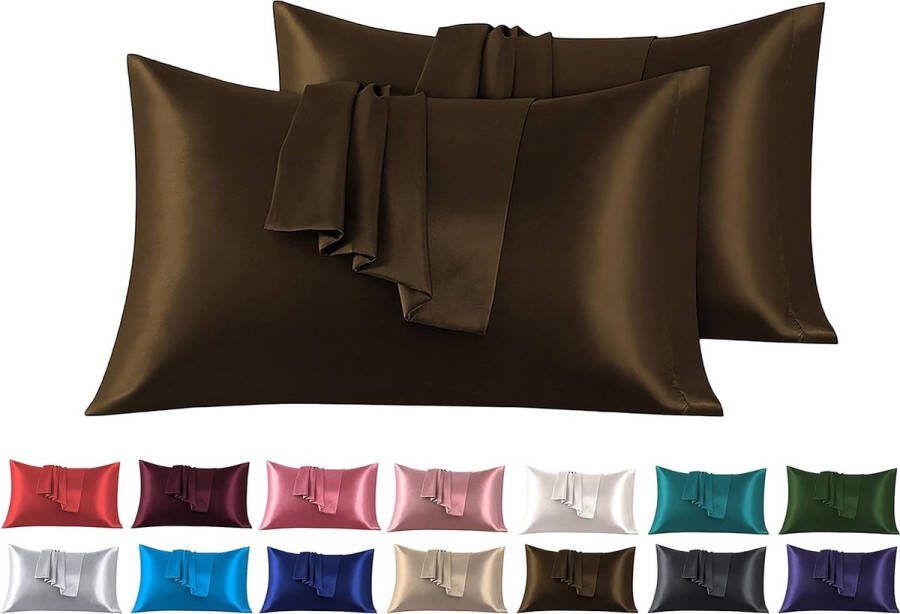 Set van 2 kussenslopen van satijn 45 x 70 cm bruin voor bed zacht bij aanraking met zaksluiting antimijt en hypoallergeen bescherming voor haar huid en antirimpels