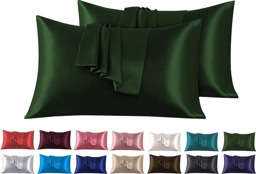 Set van 2 kussenslopen van satijn 45 x 70 cm groen voor bed zacht bij aanraking met zaksluiting antimijt en hypoallergeen bescherming voor haar huid en antirimpels